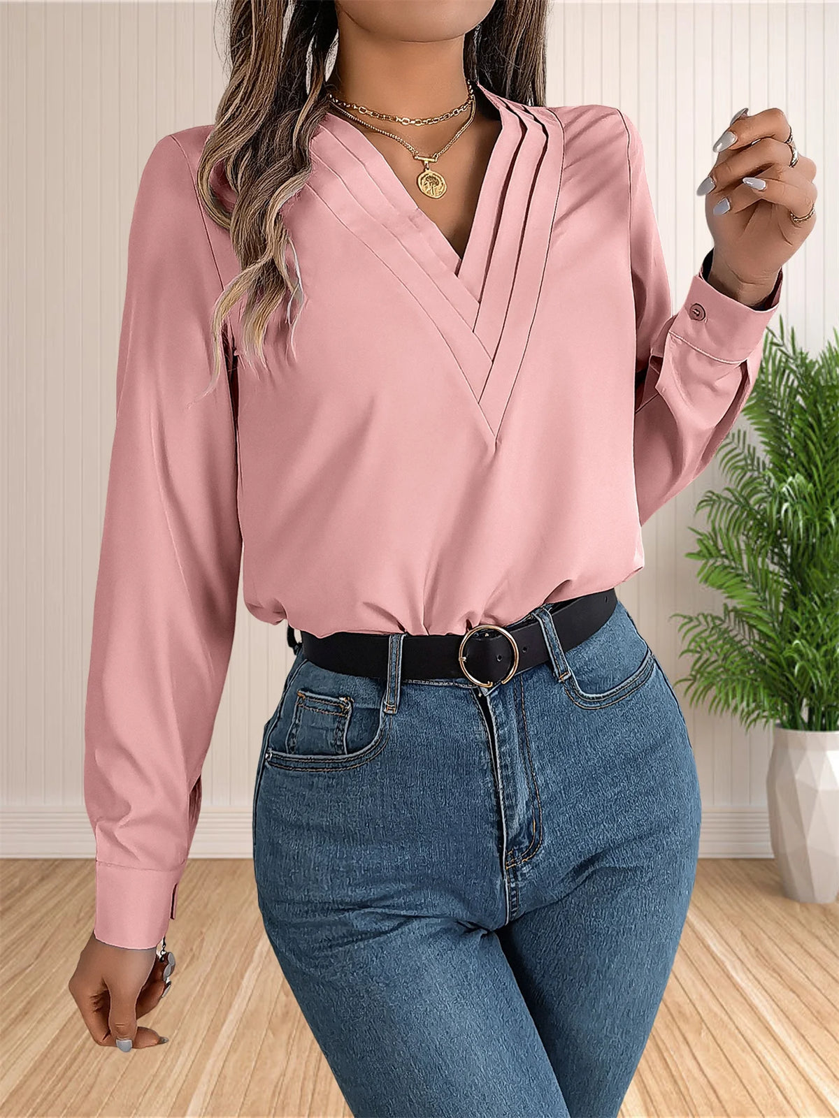 Women's Elegant Business Office Blouse Layered V Neck Long Sleeve Dressy Shirts Work Tops - Chrissy's Eye