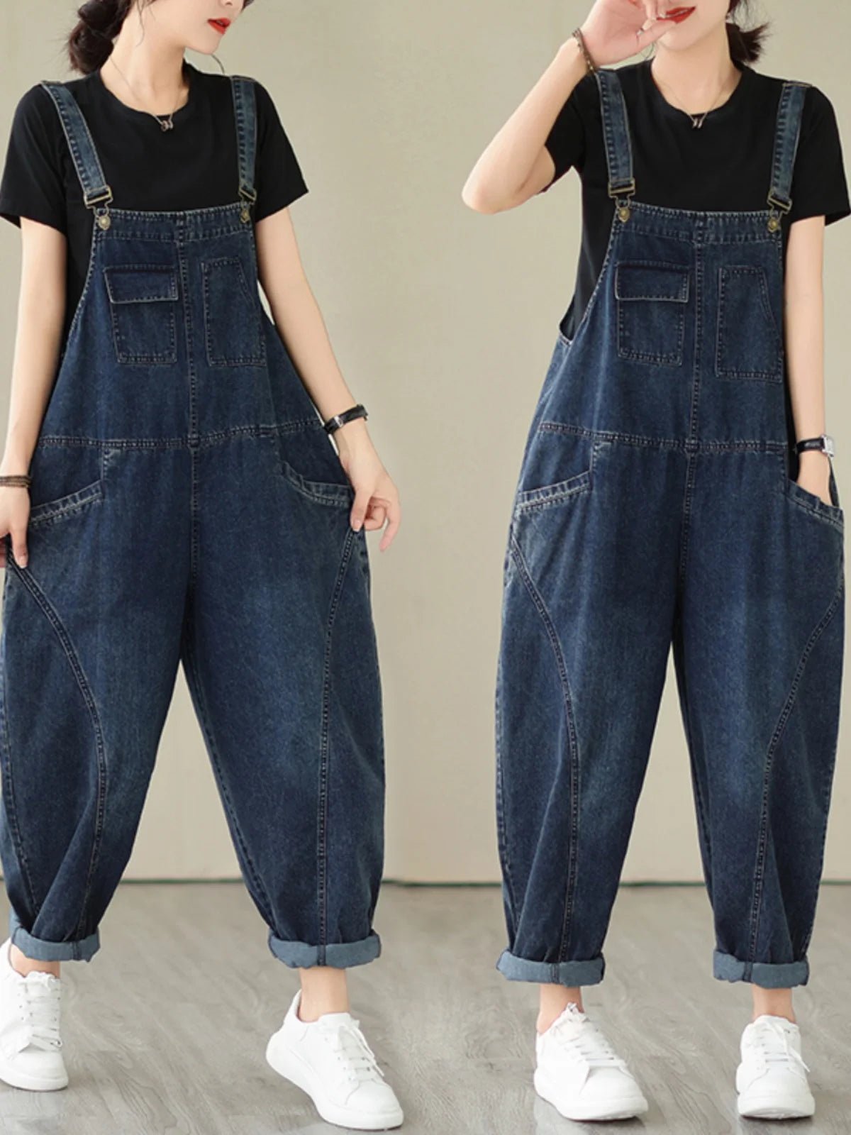 Fall Women's Loose Jeans Overalls Deep Blue High Waist Design Sensation plus Size Faion plus Size Women's Loose Slimming - Chrissy's Eye