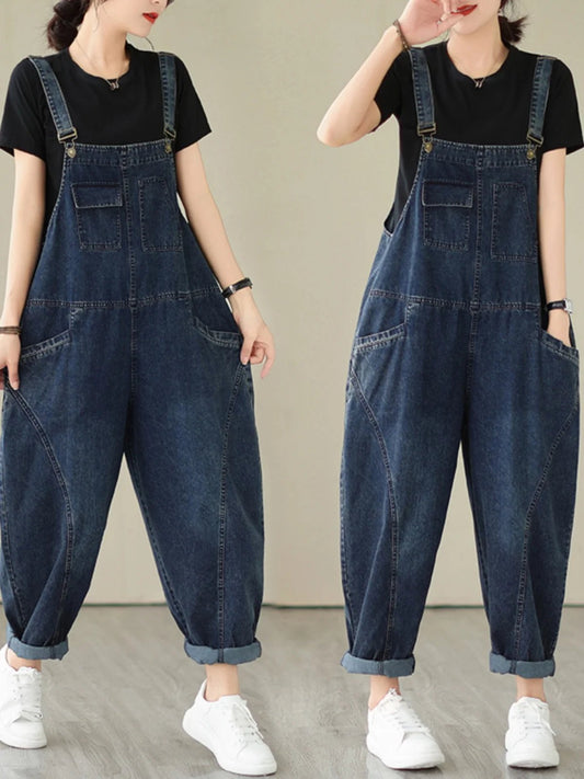 Fall Women's Loose Jeans Overalls Deep Blue High Waist Design Sensation plus Size Faion plus Size Women's Loose Slimming - Chrissy's Eye