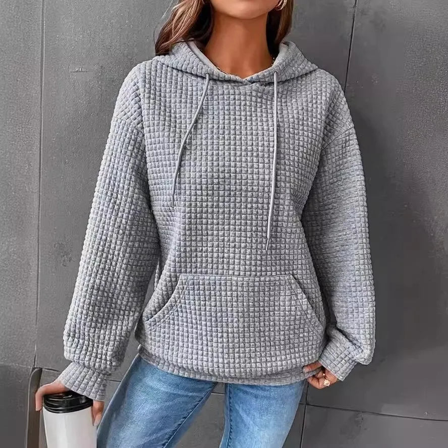 Women's hooded sweatshirt spring and autumn style waffle fashion beautiful solid color hooded drawstring loose sweatshirt - Chrissy's Eye