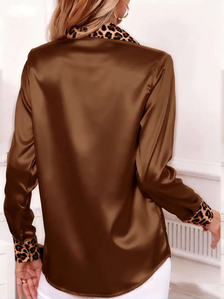 Leopard Collar & Cuff Satin Blouse for Women - White Long Sleeve Button Down Silk-Like Top Office to Evening Chic Shirt blouse - Chrissy's Eye