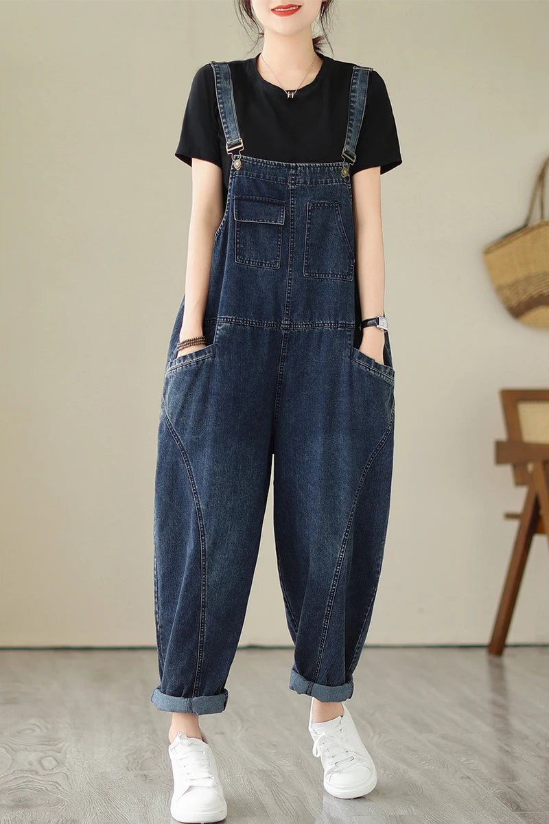 Fall Women's Loose Jeans Overalls Deep Blue High Waist Design Sensation plus Size Faion plus Size Women's Loose Slimming - Chrissy's Eye