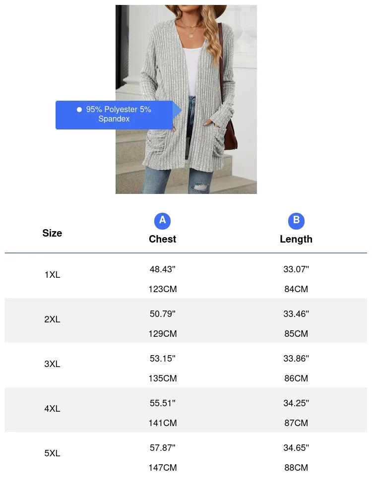 Plus Size Open Front Cardigan Casual Dual Pockets Long Sleeve Cardigan For Fall Women's Plus Size Clothing - Chrissy's Eye