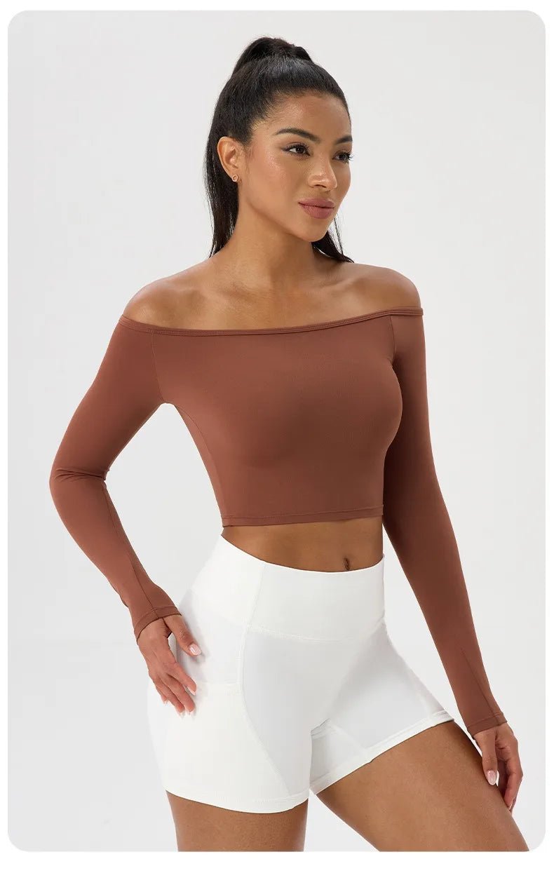Women Sexy Off Shoulder Yoga Top Long Sleeve Gym Running Top Solid Quick-Dry Sport Workout Shirt - Chrissy's Eye