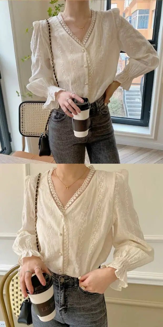 Ele Women's Long Sve Lace irt V-Ne Design Korean Sle Commute Cotton Blend Fabric Pure Color Straight Cut - Chrissy's Eye