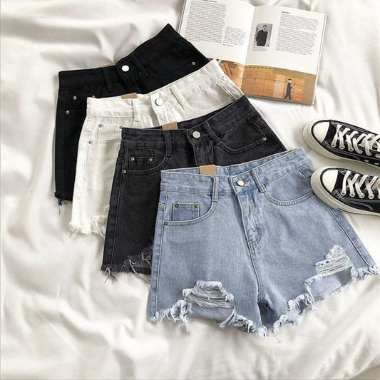 Denim Shorts Women Summer Fashion Casual High Waist Ripped Jeans Pocket Tassel Y2K Hot Pants Streetwear Blue Trousers - Chrissy's Eye