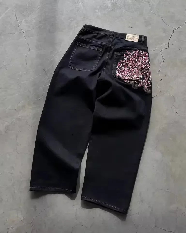 Vintage Low Waist Hip Hop Cherry Blossom Embroidered Jeans Wide Leg Trousers Y2K Clothes Mens Womes Embroidered Baggy Jeans - Chrissy's Eye
