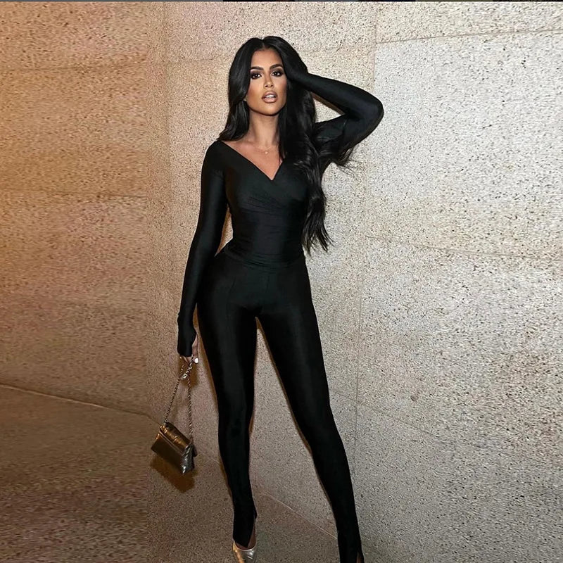 Solid Color V-neck Sexy Long-sleeved Top High Waist Pants Set - Chrissy's Eye