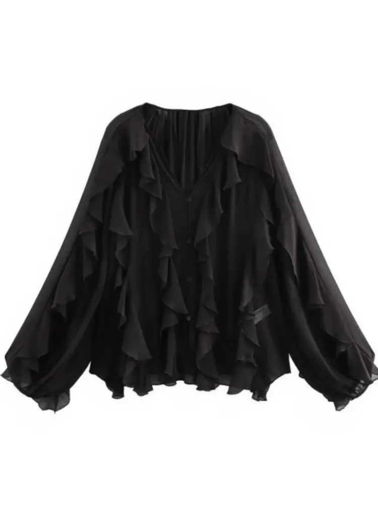 2026 Summer Chic Women's Elegant Loose Long Sleeve Layered Shirts Office Lady Vintage V-neck Translucent Tierred Ruffles Blouses - Chrissy's Eye