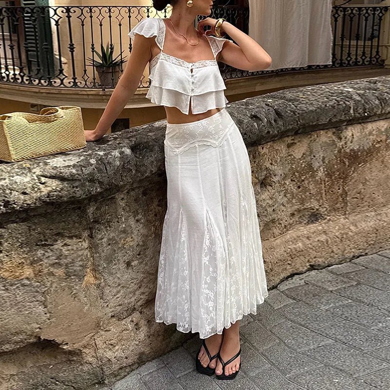 2026 Summer Fashion Square Neck Ruffled Crop Top & Long Pants 2-Piece Set Elegant Boho Resort Vacation Casual 2 Pcs Beach Outfit - Chrissy's Eye