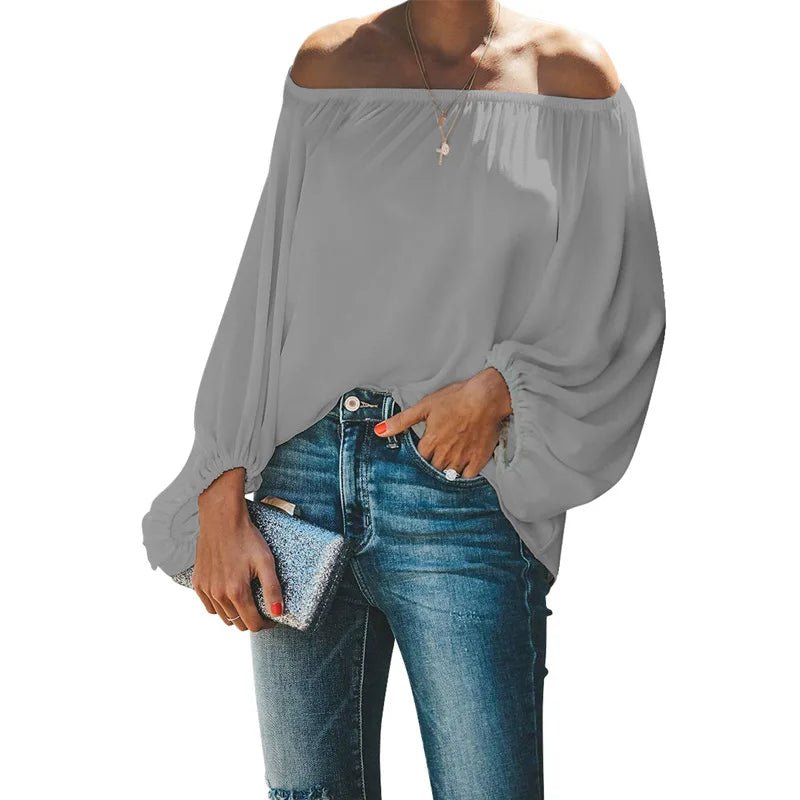 2024 off-shoulder tops for women autumn new one-shoulder solid color lantern sleeves loose long-sleeved T-shirt - Chrissy's Eye