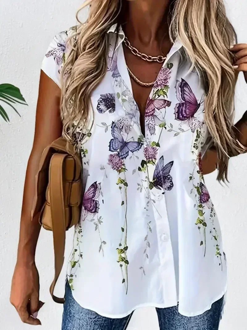 Plus Size 1XL-5XL Women Casual Short Sleeve Buttons Blouse Versatile Butterfly Print Blouse - Chrissy's Eye