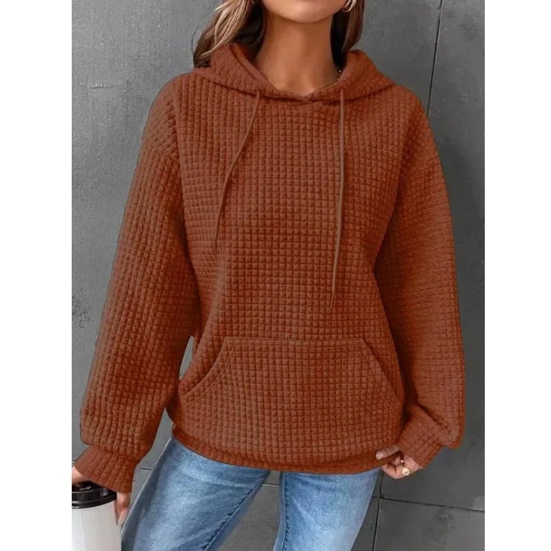 Women's hooded sweatshirt spring and autumn style waffle fashion beautiful solid color hooded drawstring loose sweatshirt - Chrissy's Eye