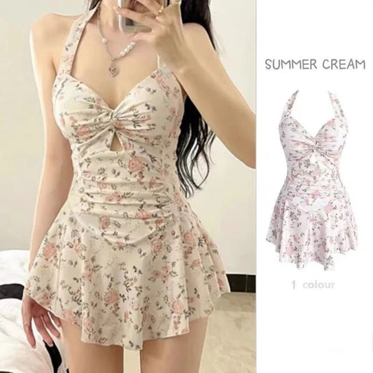 Swimming Suit for Women Solid Color Slimming One-piece Dress Style Conservative Waist Tightening Slimming Vacation Swimsuit - Chrissy's Eye