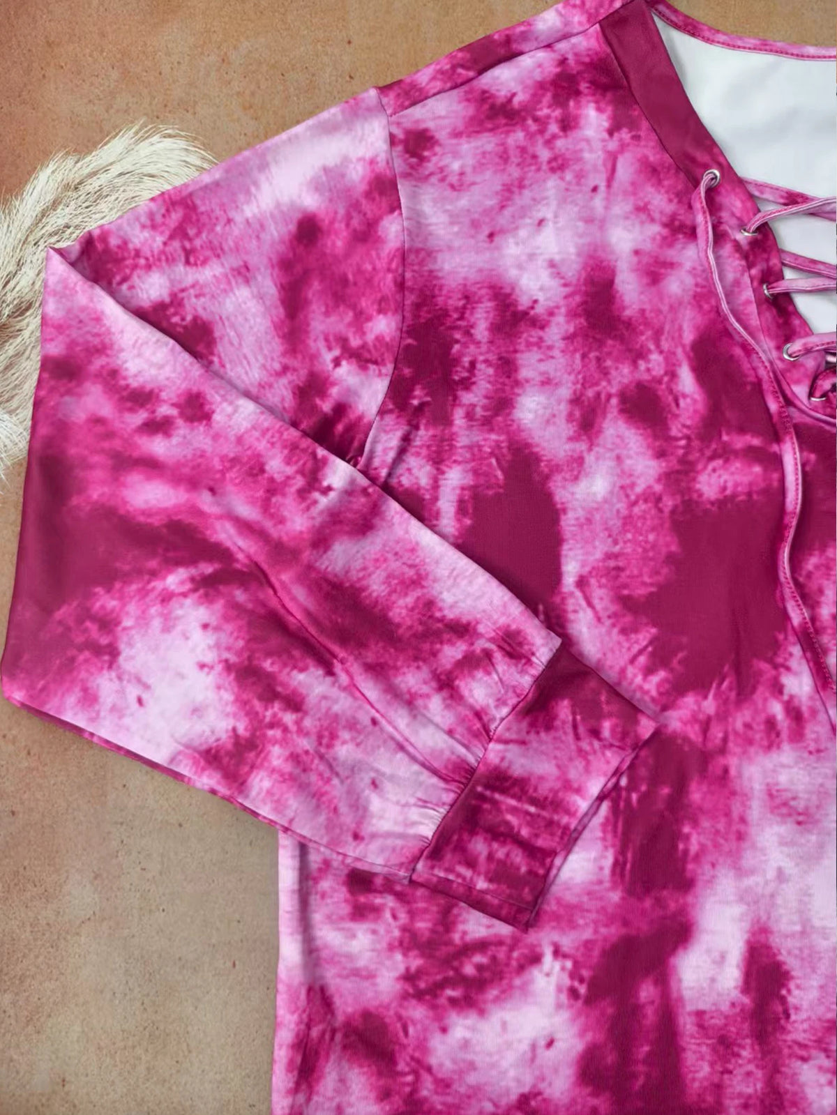 plus size women's tie dye printed long sleeved T-shirt made of polyester knitted fabric elegant lace up casual and comfortable - Chrissy's Eye