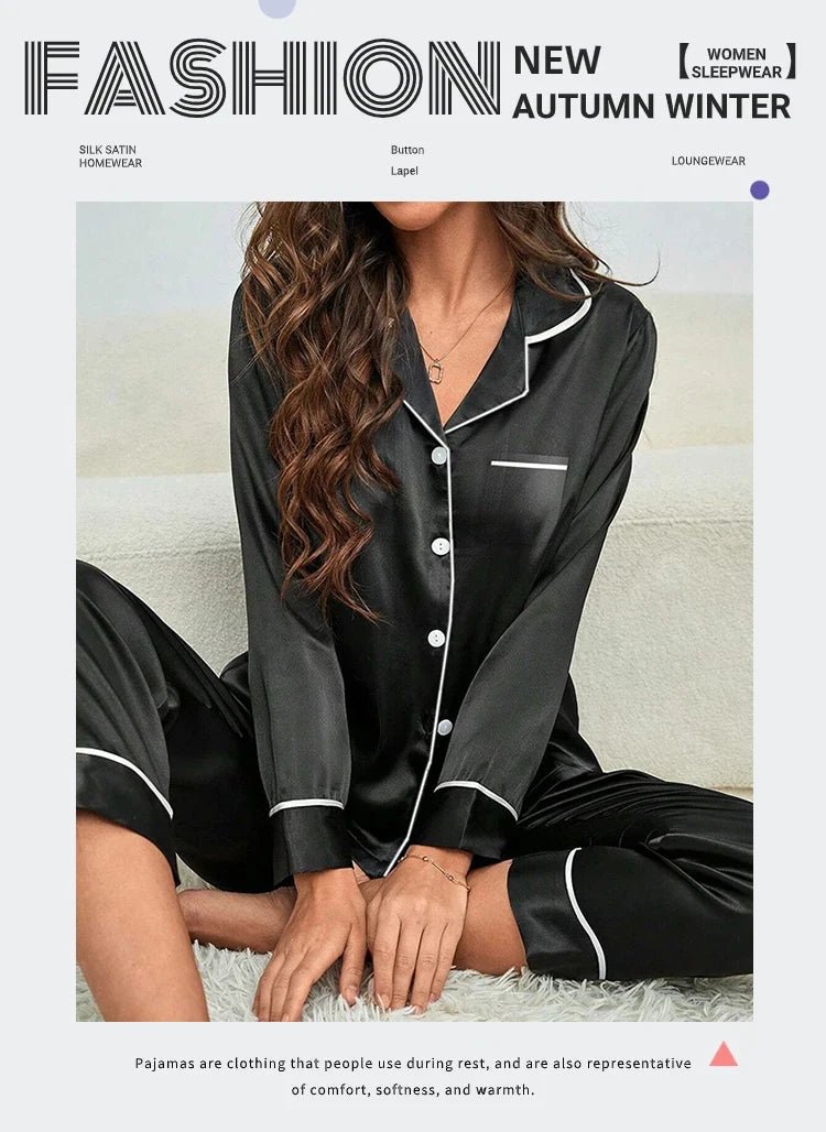 Plus Size Fall and Winter Silk Satin Women Pajamas Set Button down Top & Trousers 2 PCS Set Sleepwear Solid Nightwear Loungewear - Chrissy's Eye