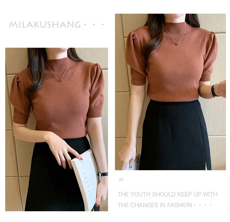 Puff Sleeve Knit Top with Half Turtleneck - Chrissy's Eye
