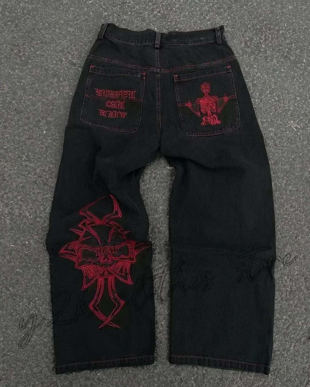 Street Fashion Trend Skull Embroidered Jeans Women Harajuku Y2K New Hip Hop Joker Straight Wide-leg Pants Couple Casual Jeans - Chrissy's Eye