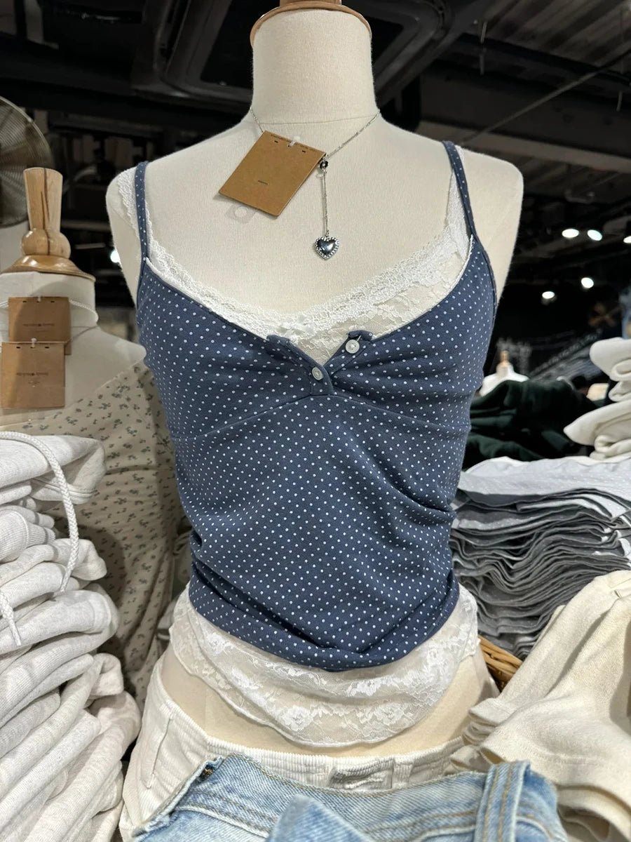 Woman Lace Trim Two Buttons Cotton Cropped Top - Chrissy's Eye