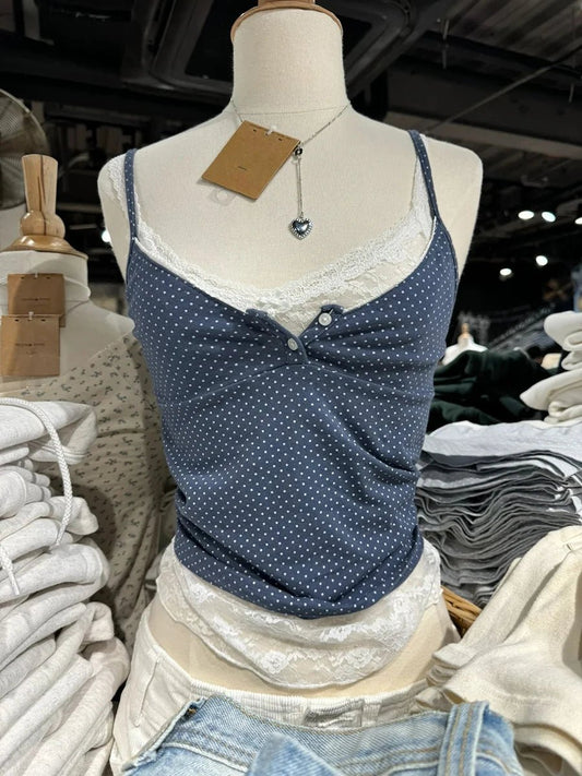 Woman Lace Trim Two Buttons Cotton Cropped Top - Chrissy's Eye