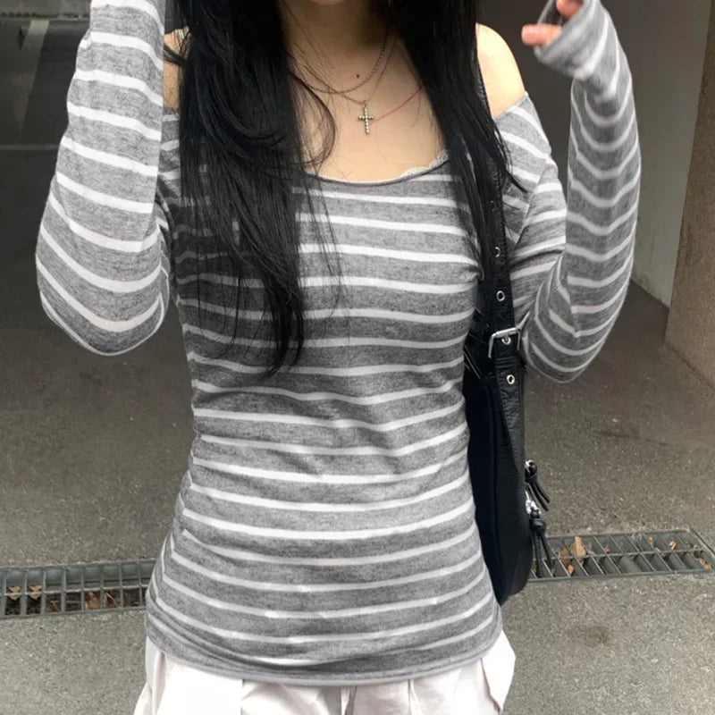 Spring Fall Women's New Japanese Basic Models Slim Long-Sleeved Striped t-Shirt Strapless Korean Street Style y2k Thin Tops - Chrissy's Eye