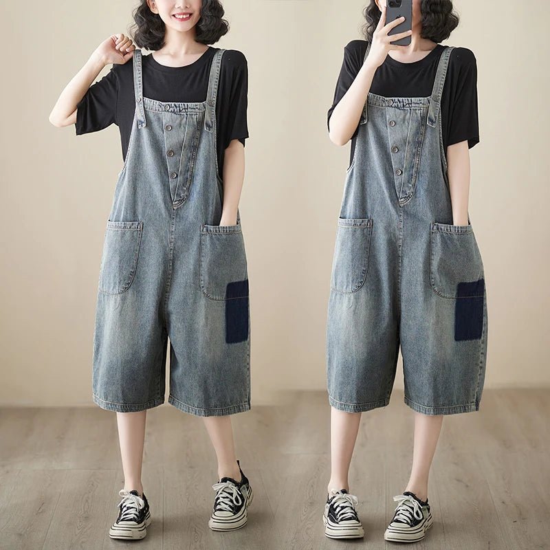 plus Size Denim Overalls Women's Summer New Sle High Waist ort Jeans Straight Leg Color Blo Five-Quarter Pants - Chrissy's Eye