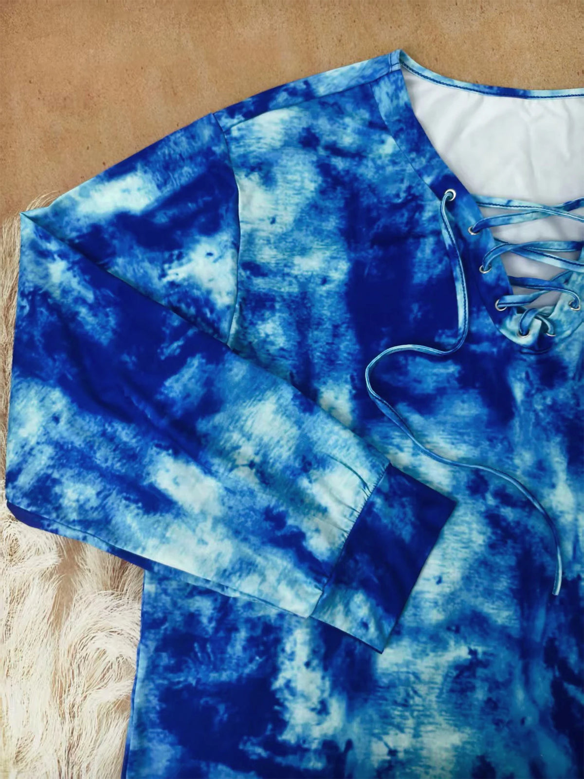 plus size women's tie dye printed long sleeved T-shirt made of polyester knitted fabric elegant lace up casual and comfortable - Chrissy's Eye
