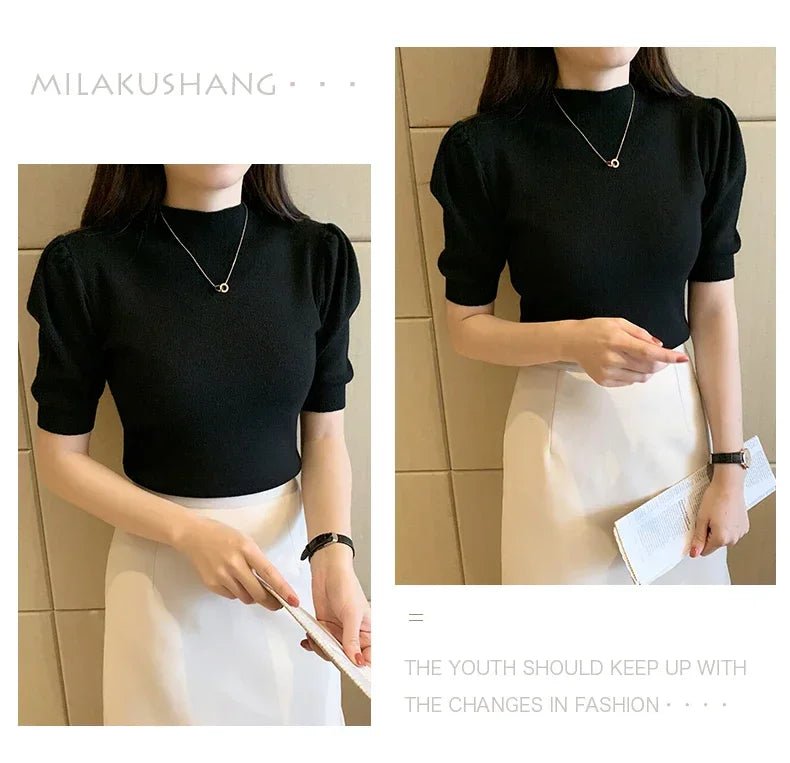 Puff Sleeve Knit Top with Half Turtleneck - Chrissy's Eye