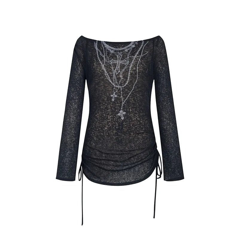Women's Long Sleeve Knitted Tops Vintage Tattoo Print Punk Black Ribbed T-Shirt - Chrissy's Eye