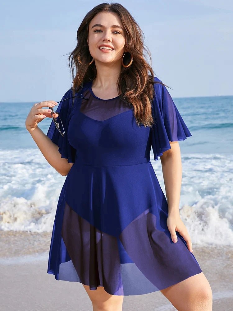 Plus Size Womens One Piece Tummy Control Swimdress Solid Mesh Patchwork Ruffle Sleeve Cover Up Swim Dress Chubby Swimsuit - Chrissy's Eye